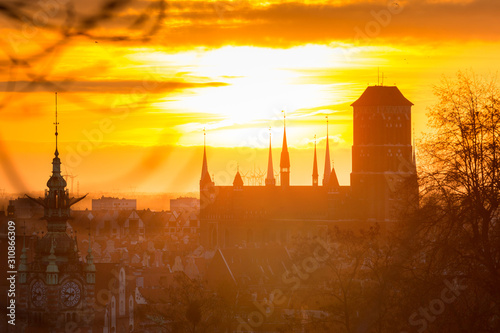 Amazing sunrise over the Gdansk city in Poland