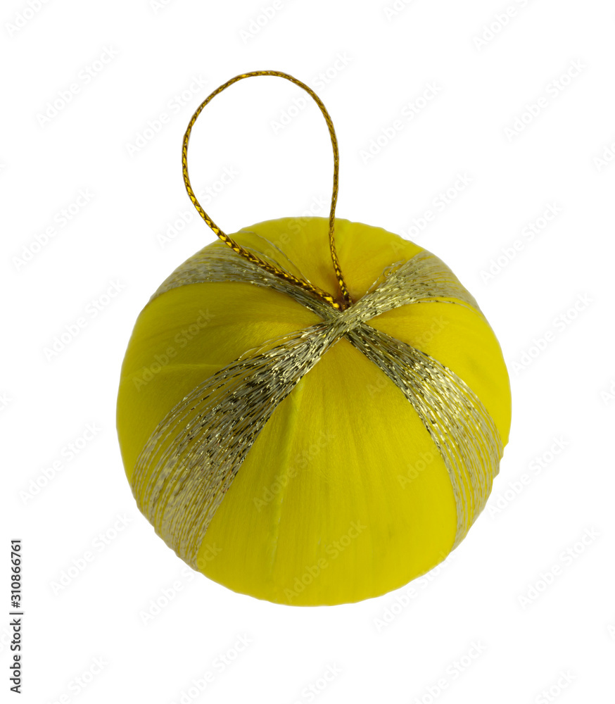 Yellow christmas ball isolated on white background. Selective focus.