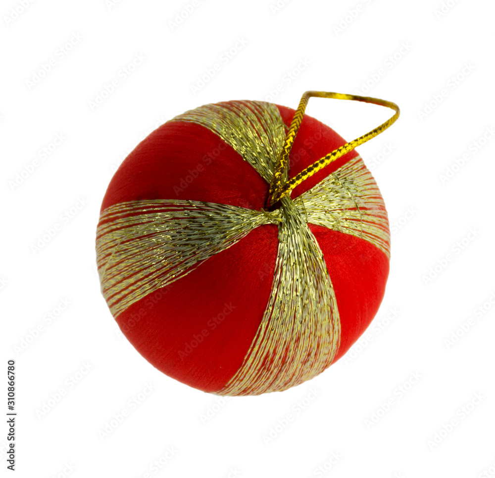 Red christmas ball isolated on white background. Selective focus.
