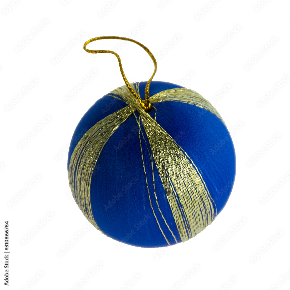 Blue christmas ball isolated on white background. Selective focus.