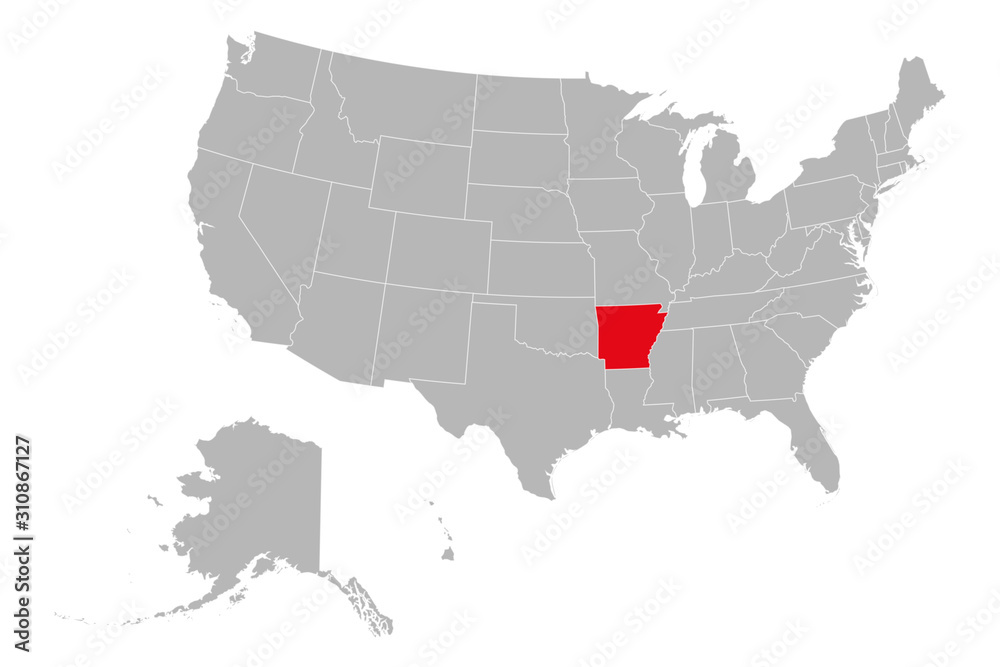 Arkansas state highlighted red color on USA map. Gray background. USA political map.