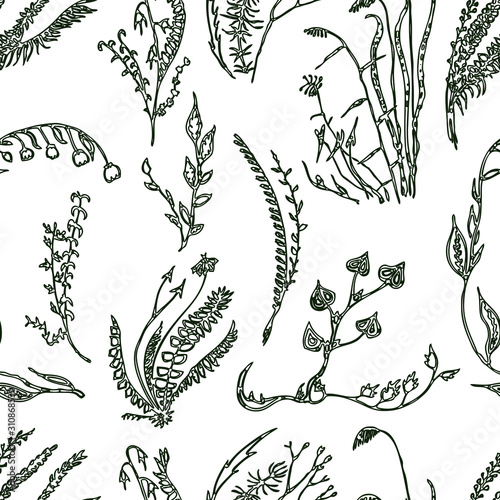 Seamless pattern of set decorative floral drawn elements