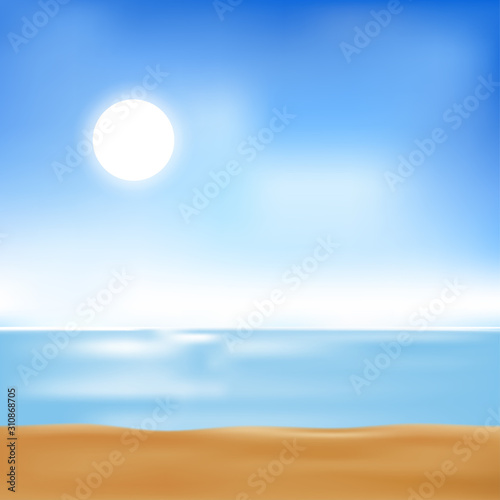 Vector Summer beach with sand, sun and blue sky,Illustration Sea scape with soft bokeh sky light in hot sunny day, Blurry tropical beach with sun light. Holiday background