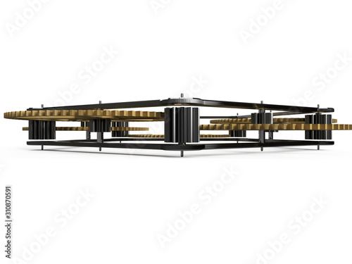 Canvas Print Clockwork mechanism with steel cogs and brass bridge on white background
