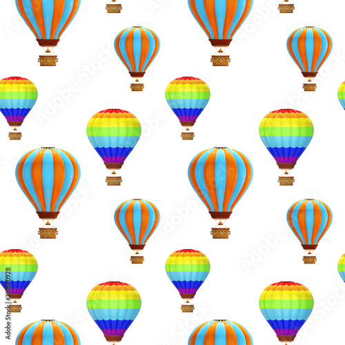 Seamless pattern with cute toy balloons: rainbow and orange-blue. Stylized 3D illustration on a white background. © svetodara