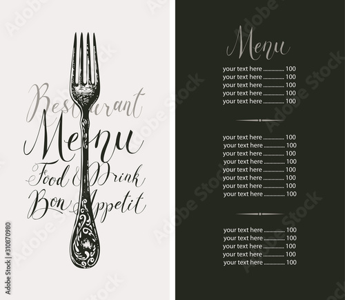 Vector template restaurant menu with price list. Black and white menu decorated with hand-drawn fork and handwritten inscriptions