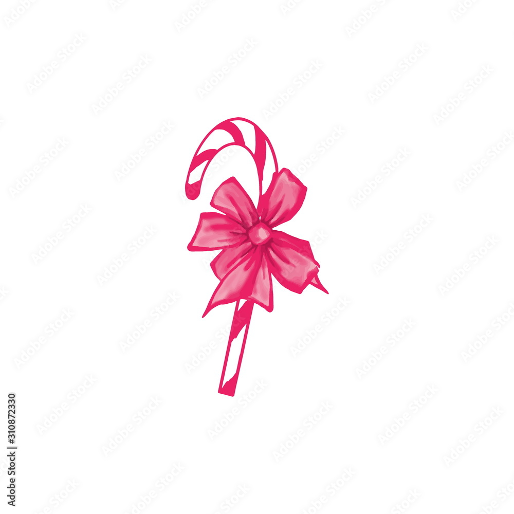 Candy cane for Christmas with pink bow isolated on white background Candy cane for Christmas with pink bow isolated on white background