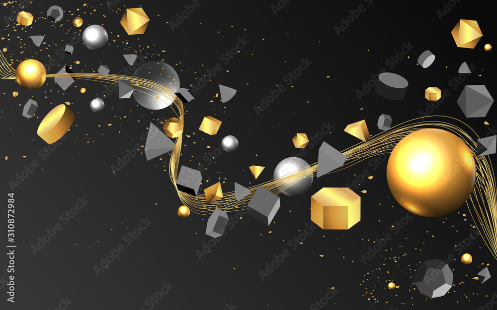 Fototapeta premium 3D black primitives with golden metallic figures , realistic vector illustration.
