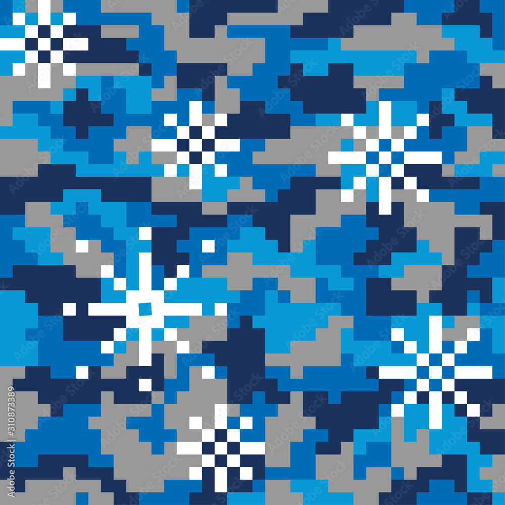 Military camouflage. Seamless pixel pattern with snowflakes.Woodland digital style.Vector illustration. Old games. 8 bit. Military camouflage. Seamless pixel pattern with snowflakes.Woodland digital style.Vector illustration. Old games. 8 bit.