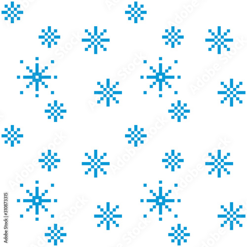 Pixel snowflakes seamless pattern on white background. Snowy weather.Vector illustration.