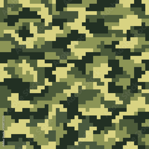 Military camouflage. Seamless pixel pattern.Woodland digital style.Vector illustration. Old games. 8 bit.