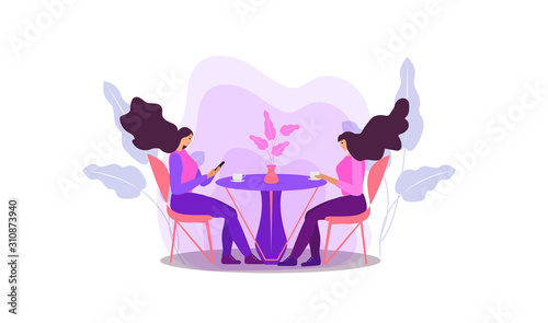 Girls are sitting at a table in a cafe drinking coffee. Women in a restaurant, friends communicate. Flat modern illustration. Vector © Lucia Fox