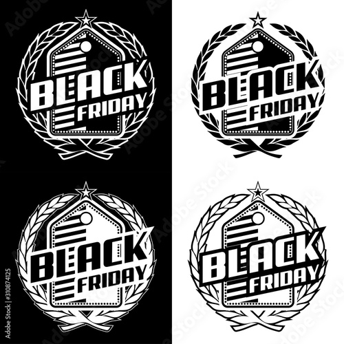 Sticker for mega-sale "Black Friday". Black Friday discount poster. Annual Christmas sales season. Big discounts in retail and online stores (up to 50%). Friday, November 29, 2019