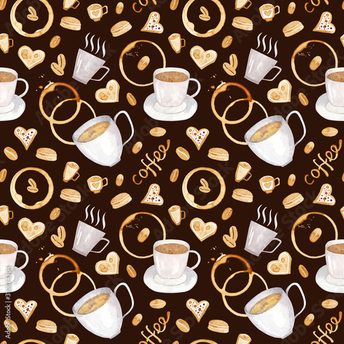 Coffee seamless watercolor pattern. Drawn by hands in watercolor. Create mouth-watering posters  postcards  patterns. Use this element to realize your fantasies