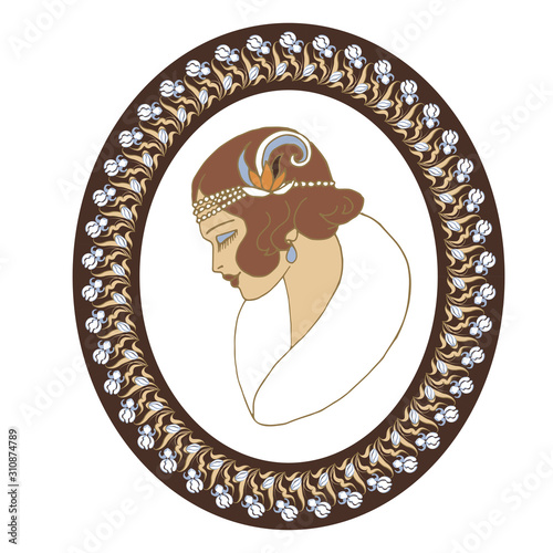 Portrait of a girl dressed in the style of the 20s in a frame with irises, vector illustration