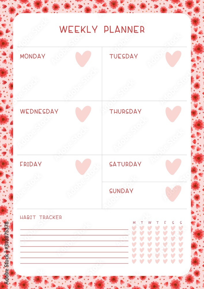 Week timetable and habit tracker red flowers and hearts flat vector template. Calendar design with wildflowers blossoms and petals on white background. Personal tasks organizer blank page for planner