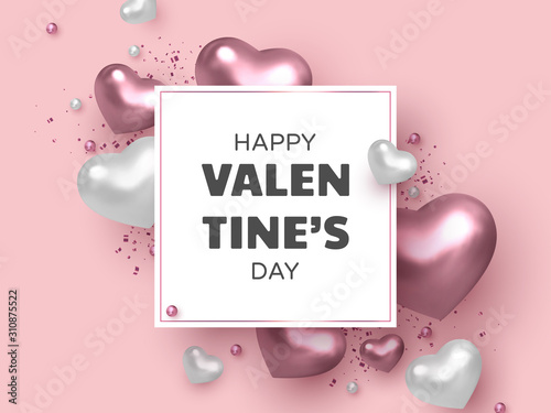 Happy Valentines Day banner. 3d metallic hearts with beads and confetti in white and pink colors. Realistic glossy design elements. Vector.