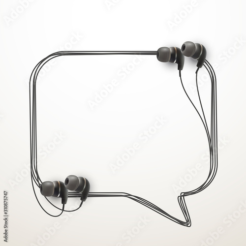 Innovative music quotation template in headphones quotes isolated on backdrop. Creative banner illustration with quote in a frame wire with Black quotes. speech bubble Template modern headset design.
