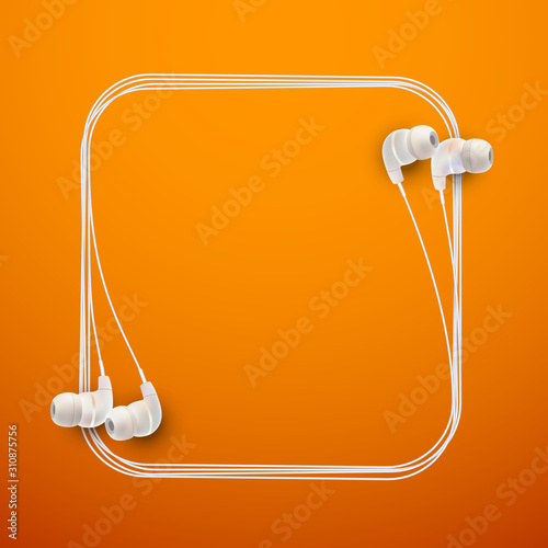 Innovative music quotation template in headphones quotes isolated on backdrop. Creative banner illustration with quote in a frame wire with white quotes. speech bubble Template modern headset design.