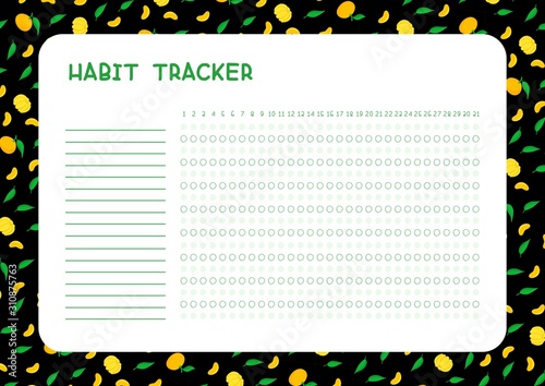 Habit tracker for month flat vector template. Planner page with mandarins and leaves layout. Daily achievements planning. Assignments blank timetable design