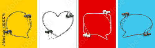 Innovative music quotation template speech bubble set in headphones quotes isolated on backdrop. Creative banner illustration set with quote frame wire with quotes headset modern design cloud remark