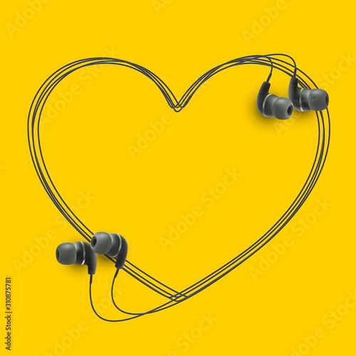 Innovative music quotation template in headphones quotes isolated on backdrop. Creative banner illustration with quote in a frame wire with Black quotes. speech bubble Template modern headset design.