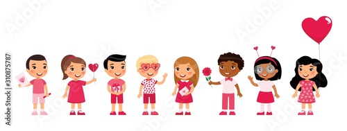 Multicultural little boys and girls dating, celebrating Valentines Day flat vector illustration. Young girlfriends and boyfriends isolated cartoon characters set. Children with February 14 presents