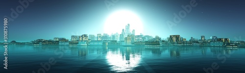 Panorama of the evening city against the backdrop of the huge sun above the water, 3D rendering.