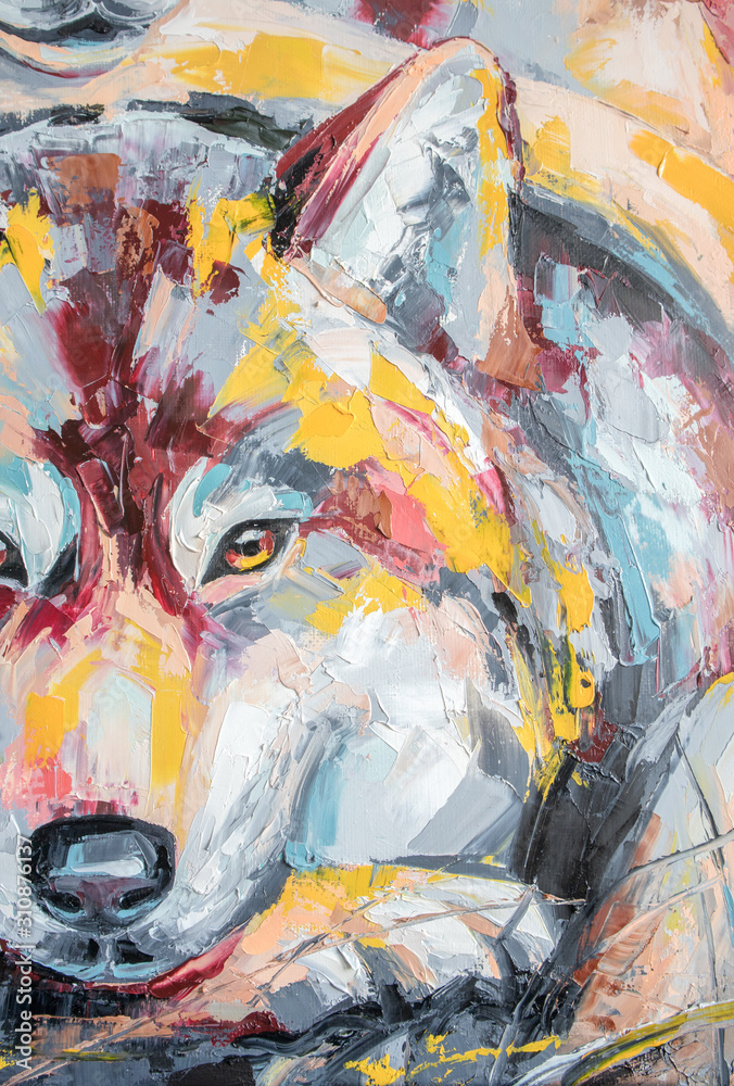 Fototapeta premium Oil wolf portrait painting in multicolored tones. Conceptual abstract painting of a couple wolves. Closeup of a painting by oil and palette knife on canvas.