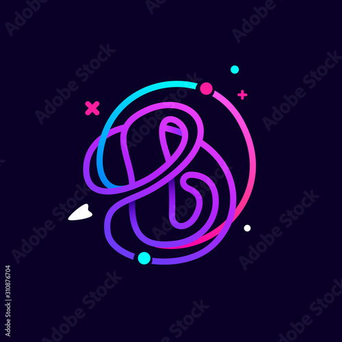 Lowercase b letter logo with planets, rocket and orbits lines.