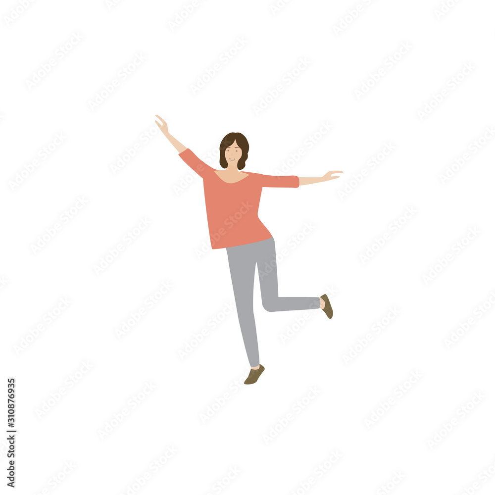 Happy young woman. The girl rejoices and dances.Vector illustration in a flat style isolated on white background. Happy young woman. The girl rejoices and dances.Vector illustration in a flat style isolated on white background.