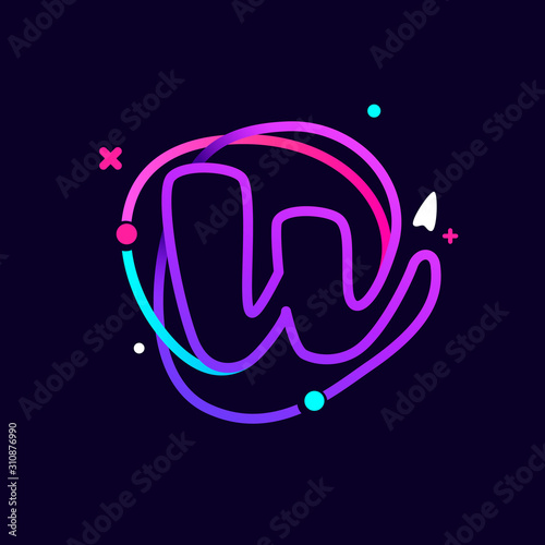 Lowercase w letter logo with planets, rocket and orbits lines.