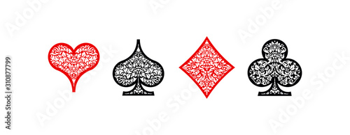 Set of 4 Playing card suits icons decoration pattern diamonds, clovers, hearts, spades template black and red. Playing card suit ornament symbol pictogram for poker casino isolated on white background photo