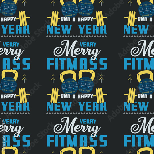 Merry Fitmass seamless pattern, graphic print for ugly sweater xmas party, decoration with barbell and kettlebell. Stock vector background illustration. Retro design