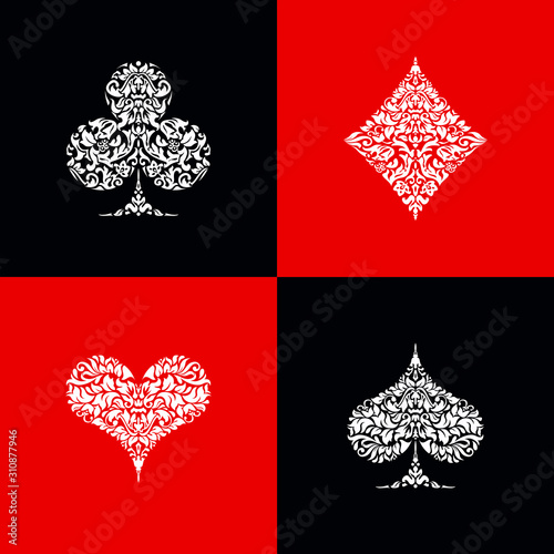 Set 4 Playing card suits icons decoration pattern diamonds, clovers, hearts, spades template on black and red background. Vintage Playing card suit ornament symbol pictogram for play casino poker game