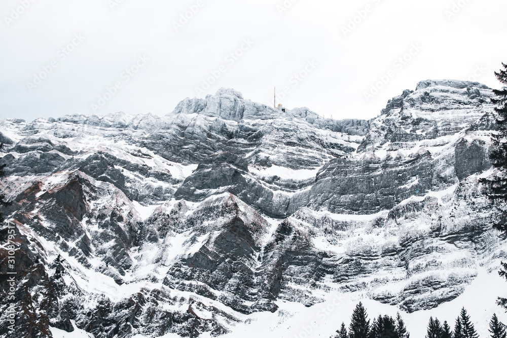 Snow White Mountains In Winter, Switzerland.