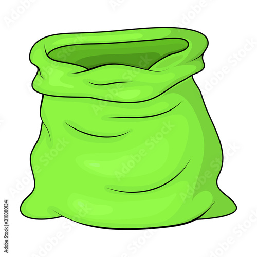 Green empty bag for Golden coin wealth, open money cash sack vector illustration. old antique sack, saving money purse isolated on white background.