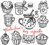 Cupcake and love. Set with valentines day. Vector isolated objects for your design. Hand drawn collection. Vector illustration EPS 8.