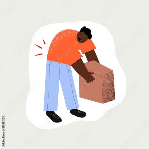 Illustration of poor posture during everyday people activities. Afro-american man picks up a box. You can use in card, banner, brochur and print. Vector illustration