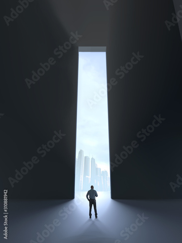 a person standing in front of an open door in shape of number one