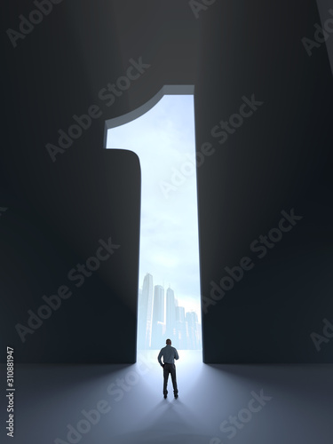 Foto a person standing in front of an open door in shape of number one