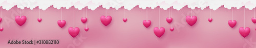 Horizontal seamless consists of pink hearts are hanging by paper craft clouds on pastel pink background
