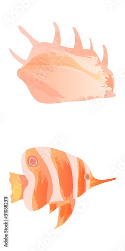 Marine set of Watercolor Vector Tropical Fish, Seaweed Coral Algae and Jellyfish Underwater Watercolor Vector illustration