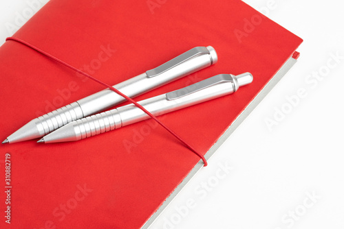 Red Leather Journal Cover With Elastic Band And Two Ballpoint Pens