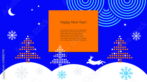 Template for Happy New Year greetings with winter forest, pixel Christmas trees, hare and snowdrifts in a flat business style