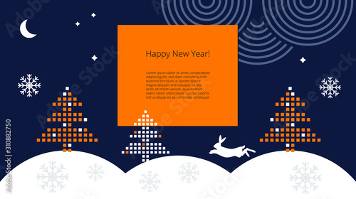 Template for Happy New Year greetings with winter forest, pixel Christmas trees, hare and snowdrifts in a flat business style