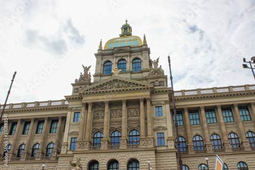 Facade of the Historical Building of the National Museum of Prague (NM, Národní muzeum), one of the most important buildings in Prague, Czech Republic, located in Wenceslas Square