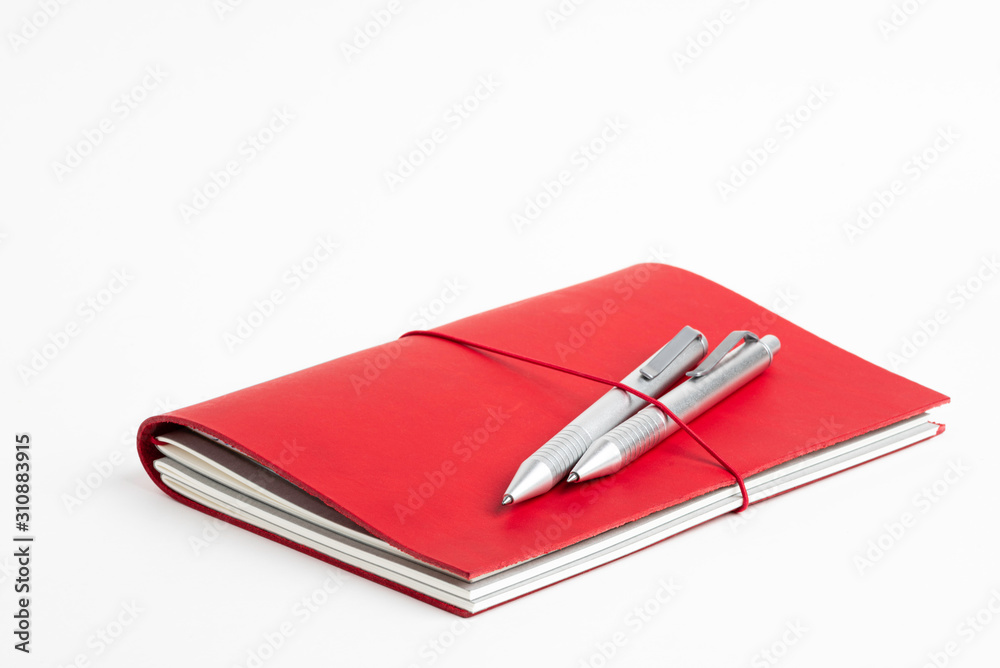Red Leather Journal Cover With Elastic Band And Two Ballpoint Pens Red Leather Journal Cover With Elastic Band And Two Ballpoint Pens