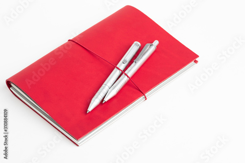 Red Leather Journal Cover With Elastic Band And Two Ballpoint Pens