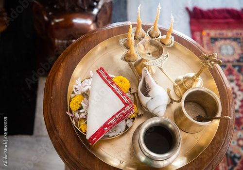 objects for worship the Deities in the Indian culture called Arati Paraphernalia. indian puja plate.